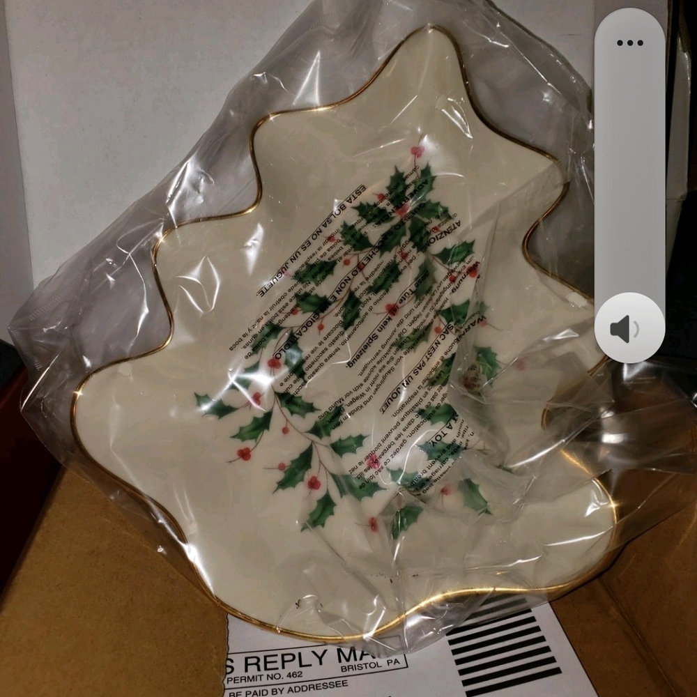 Holiday Leaf-Shaped Dish with Holly Design
